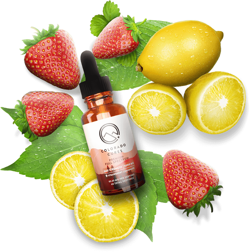 premium full spectrum bottle displayed over strawberries and lemons