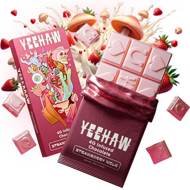 A pink bar of chocolate surrounded by strawberries, cream, and mushrooms.