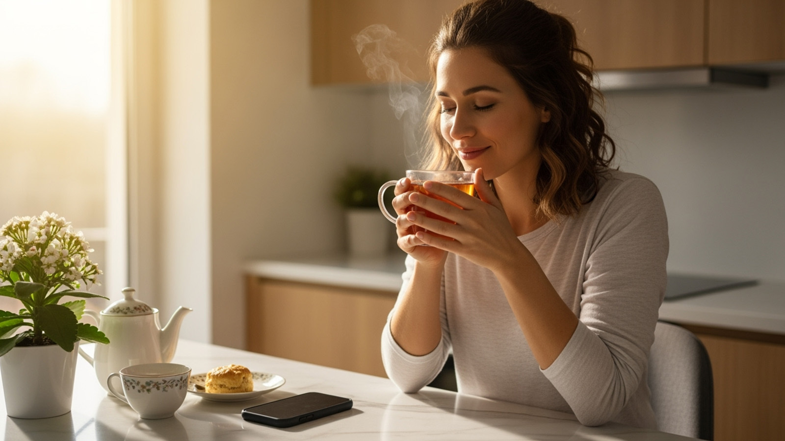 woman enjoys a cup of tea while she ignores her phone