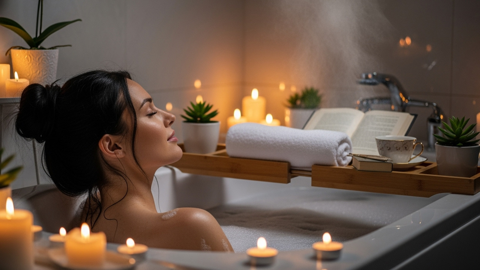 a woman enjoying a spa-like bath at home