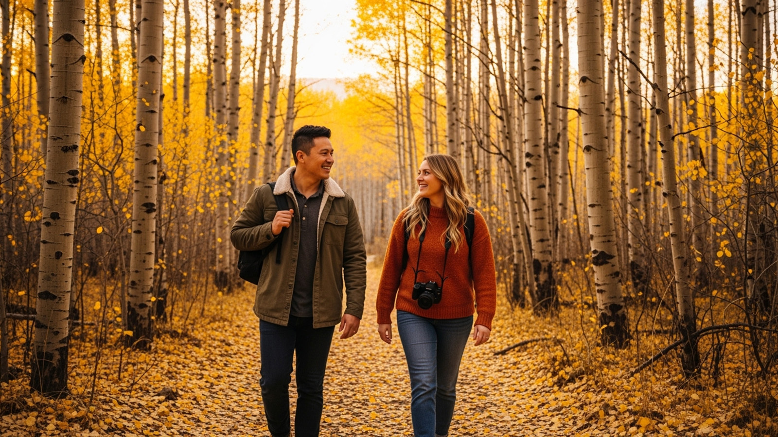 two people walk through an aspen grove in fall