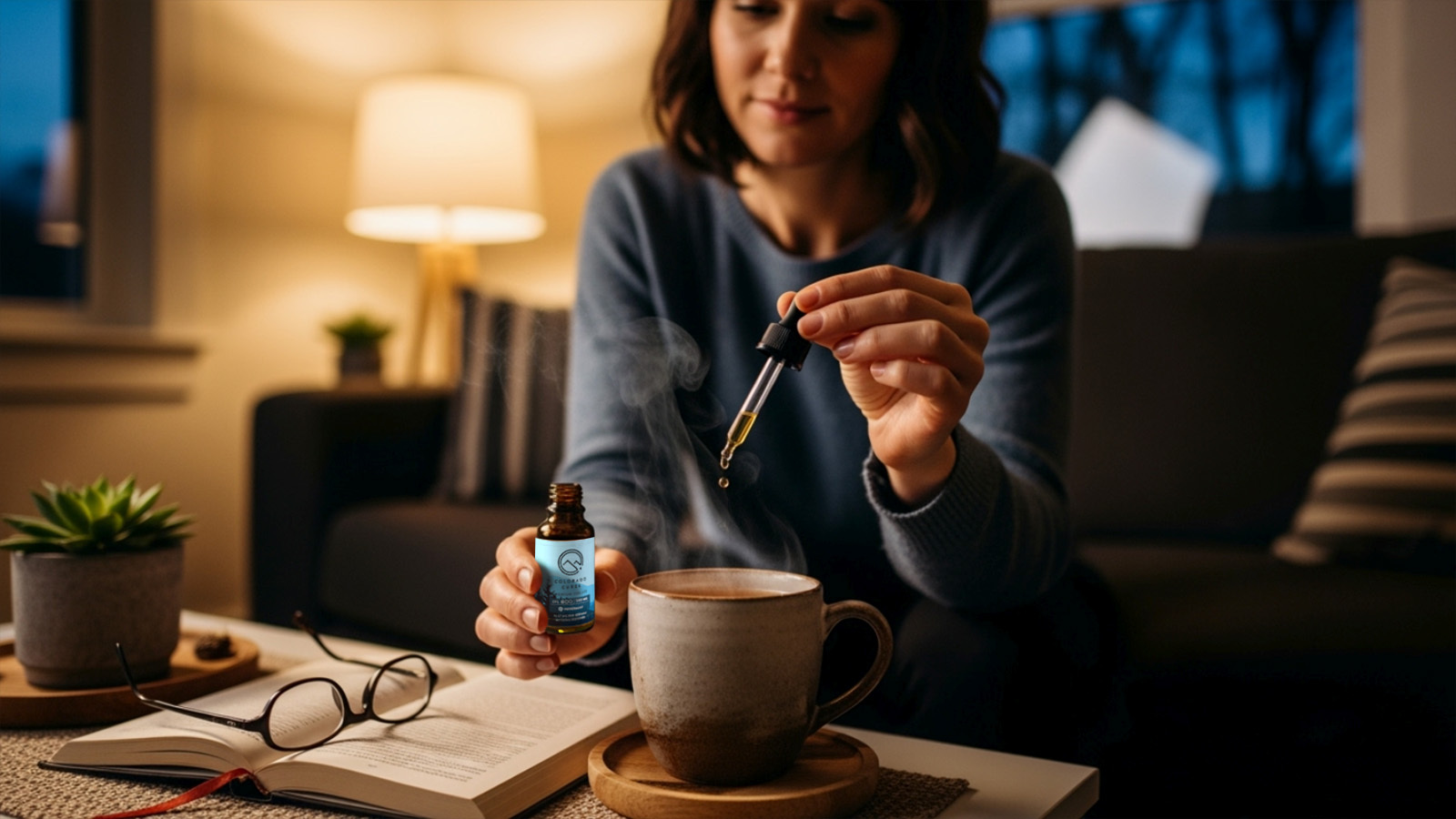 a woman drops cbd tincture into a cup of herbal tea